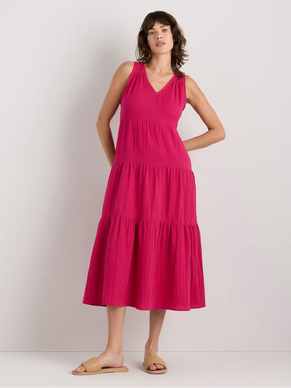 Quince 100% Organic Cotton Gauze Tiered Maxi Midi Dress in Amaranth Pink Medium